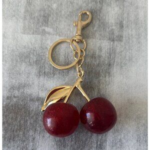 Cherry Pair  w Leave Red Glitter Keychain Fob Purse Charm Gold